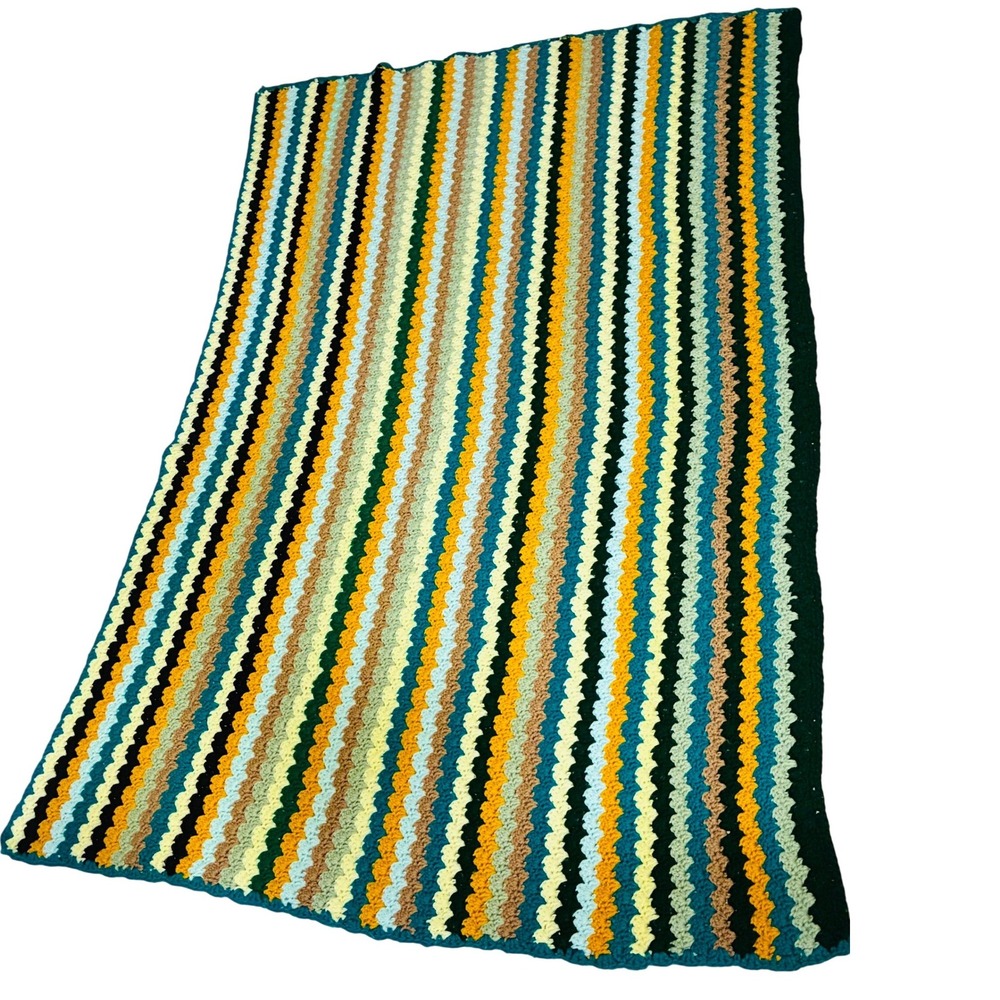 Handmade Crochet Afghan Blanket 62" x 41" Multi-Color Ripple Chevron Retro Boho